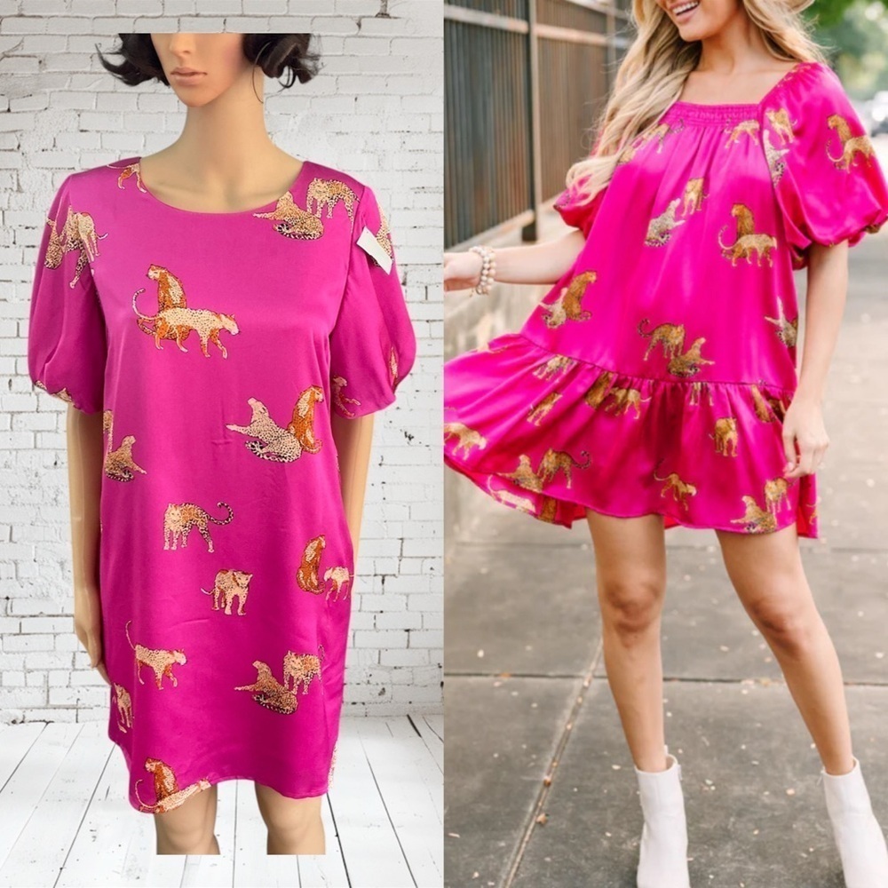 Fuchsia Dress with Gold Leopard Print Summer Mini Dress